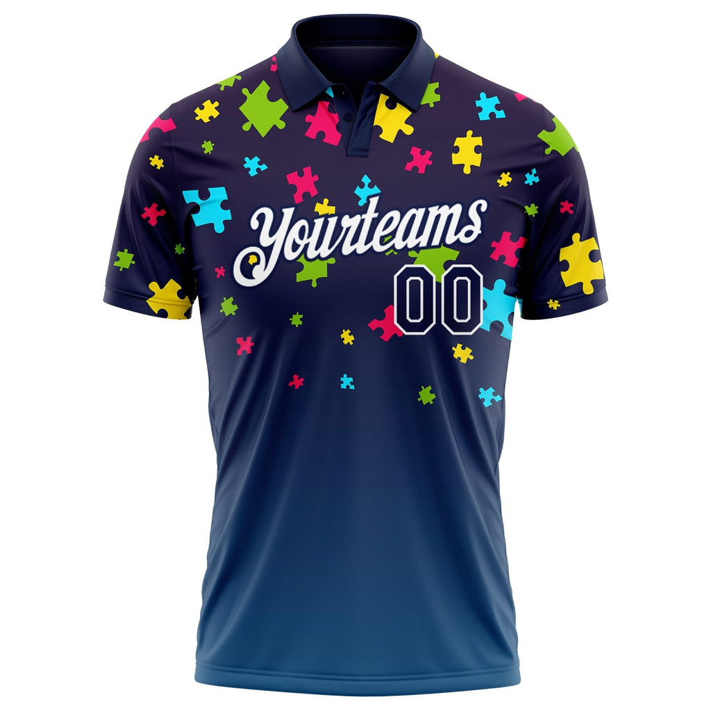 Custom Navy White 3D Pattern Design Autism Supporter Awareness Puzzle Pieces Performance Golf Polo Shirt photo 2