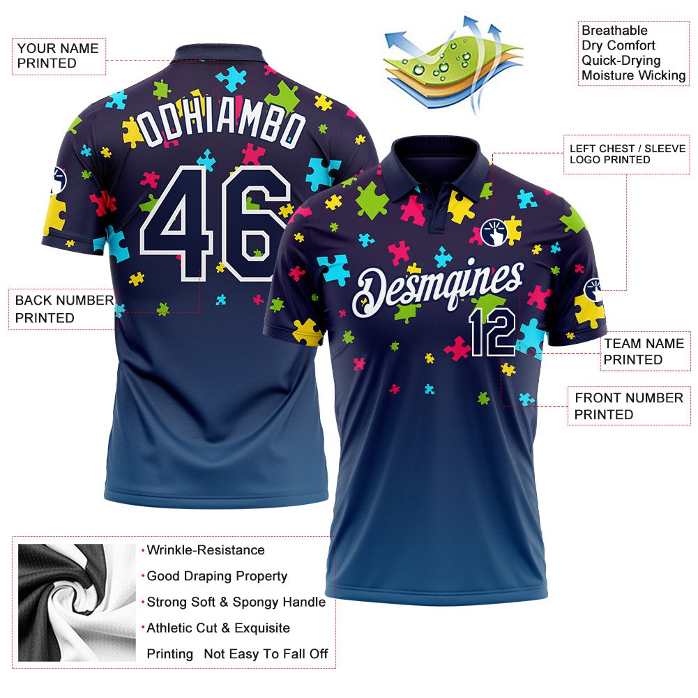 Custom Navy White 3D Pattern Design Autism Supporter Awareness Puzzle Pieces Performance Golf Polo Shirt photo 3