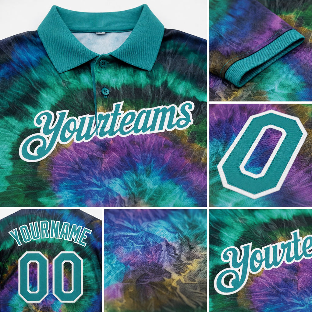 Custom Tie Dye Teal-White 3D Performance Golf Polo Shirt detail