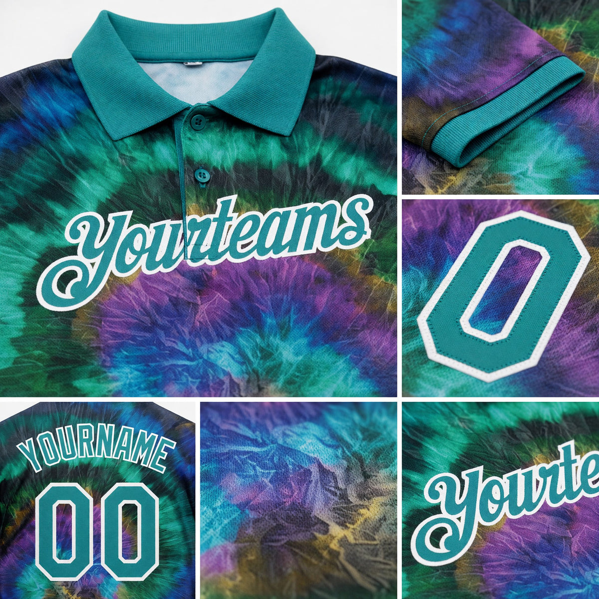 Custom Tie Dye Teal-White 3D Performance Golf Polo Shirt detail