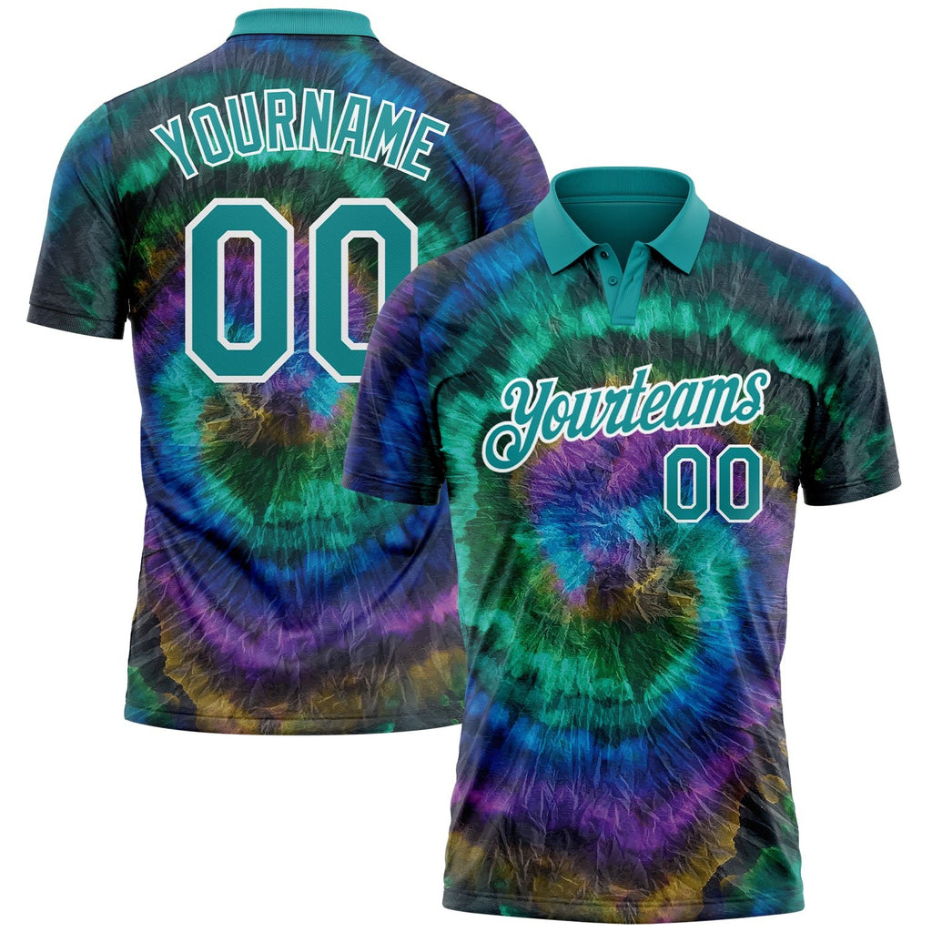 Custom Tie Dye Teal-White 3D Performance Golf Polo Shirt photo 1