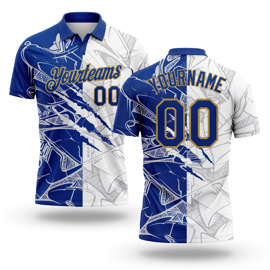 Custom Graffiti Pattern Royal-Old Gold 3D Scratch Performance Golf Polo Shirt