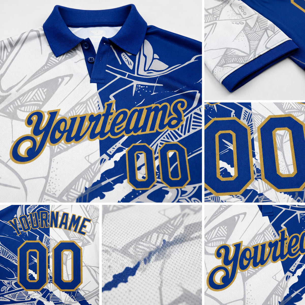 Custom Graffiti Pattern Royal-Old Gold 3D Scratch Performance Golf Polo Shirt detail