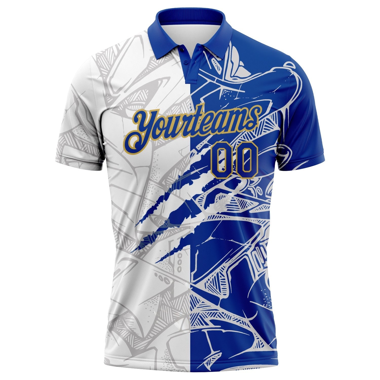 Custom Graffiti Pattern Royal-Old Gold 3D Scratch Performance Golf Polo Shirt photo 2