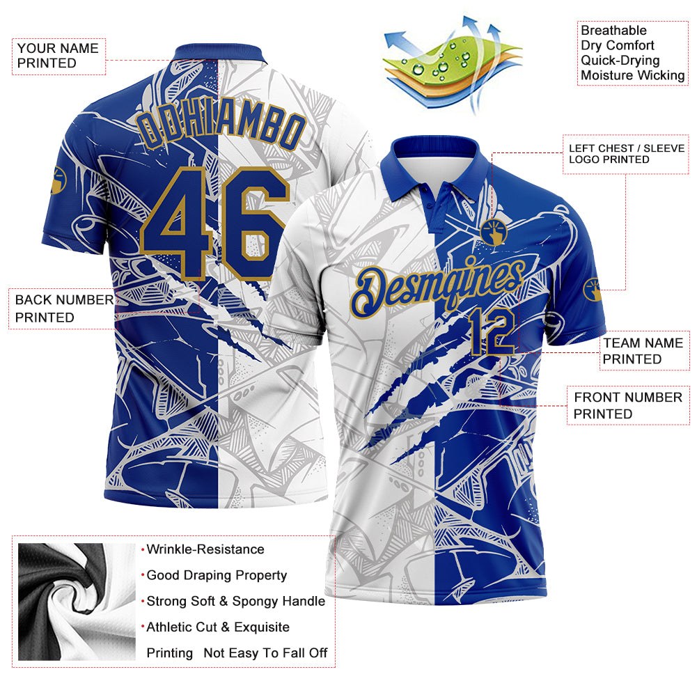 Custom Graffiti Pattern Royal-Old Gold 3D Scratch Performance Golf Polo Shirt photo 3