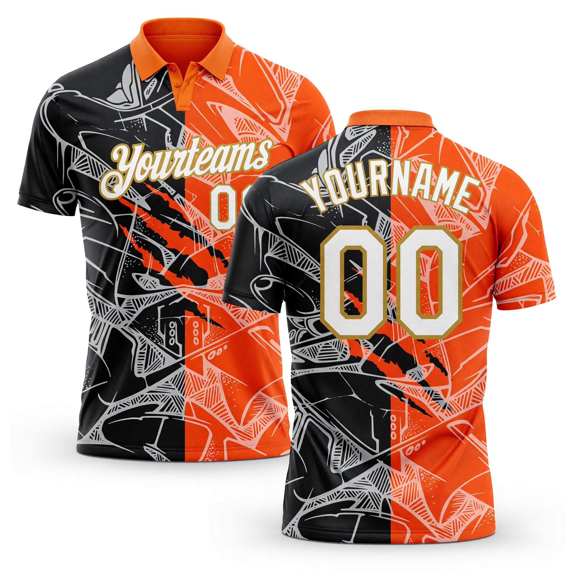 Custom Graffiti Pattern White Orange-Old Gold 3D Scratch Performance Golf Polo Shirt