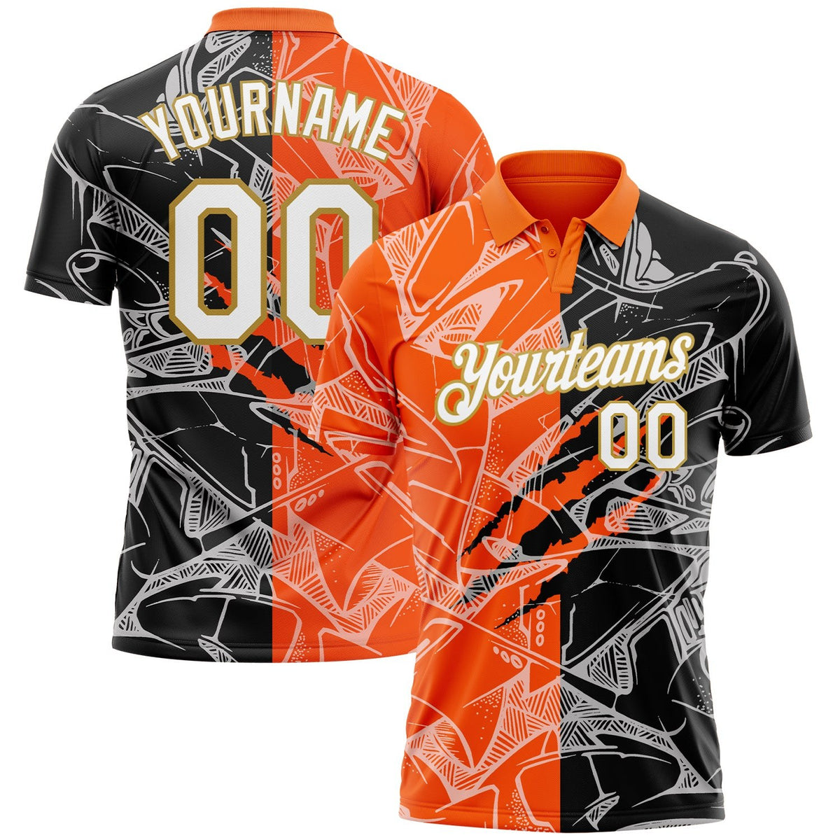 Custom Graffiti Pattern White Orange-Old Gold 3D Scratch Performance Golf Polo Shirt photo 1