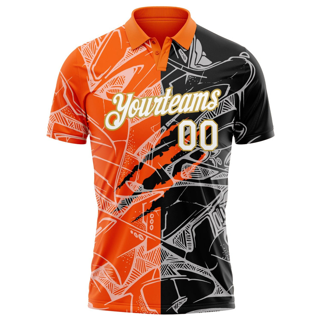 Custom Graffiti Pattern White Orange-Old Gold 3D Scratch Performance Golf Polo Shirt photo 2