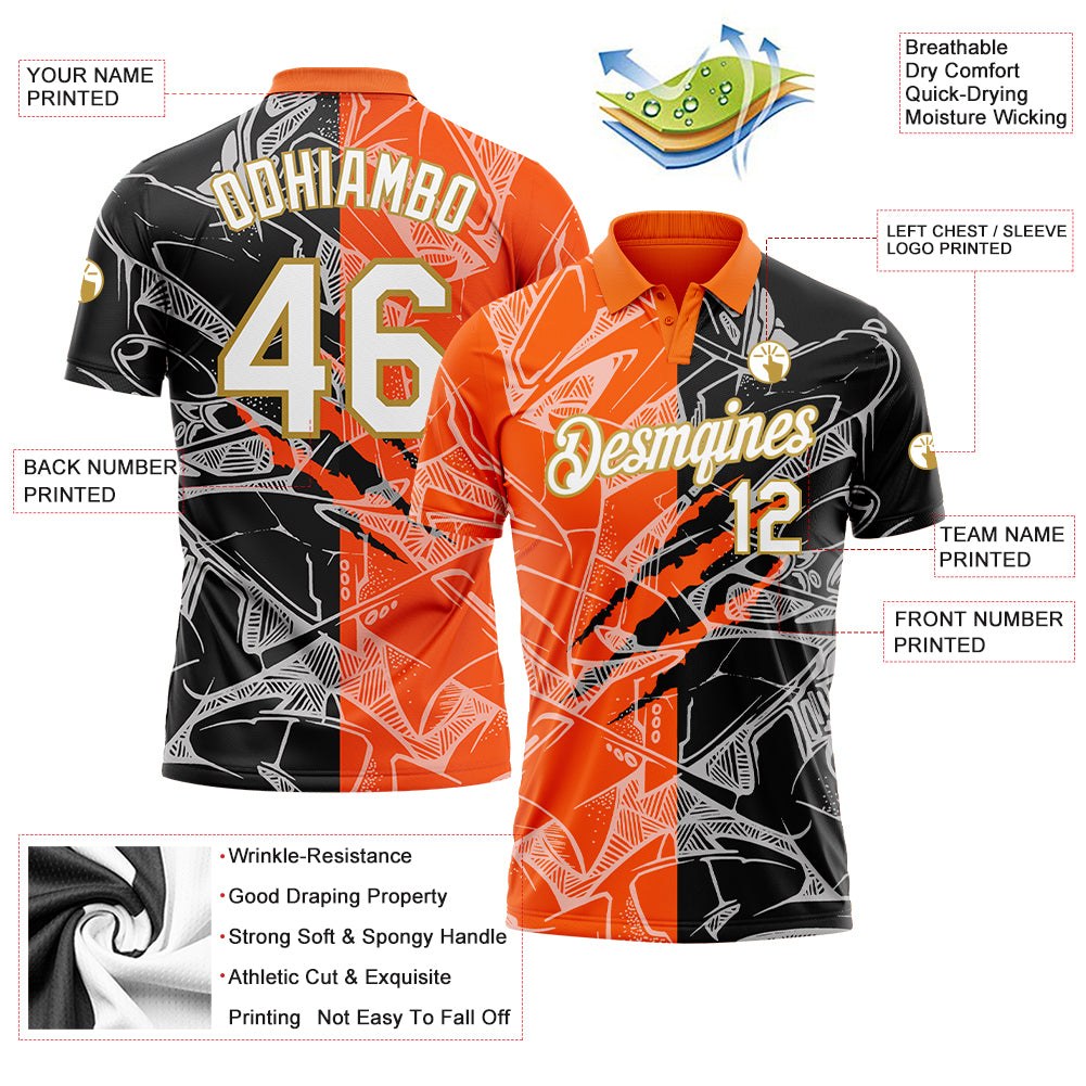 Custom Graffiti Pattern White Orange-Old Gold 3D Scratch Performance Golf Polo Shirt photo 3