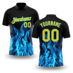 Custom Black Yellow-Teal 3D Pattern Design Flame Performance Golf Polo Shirt