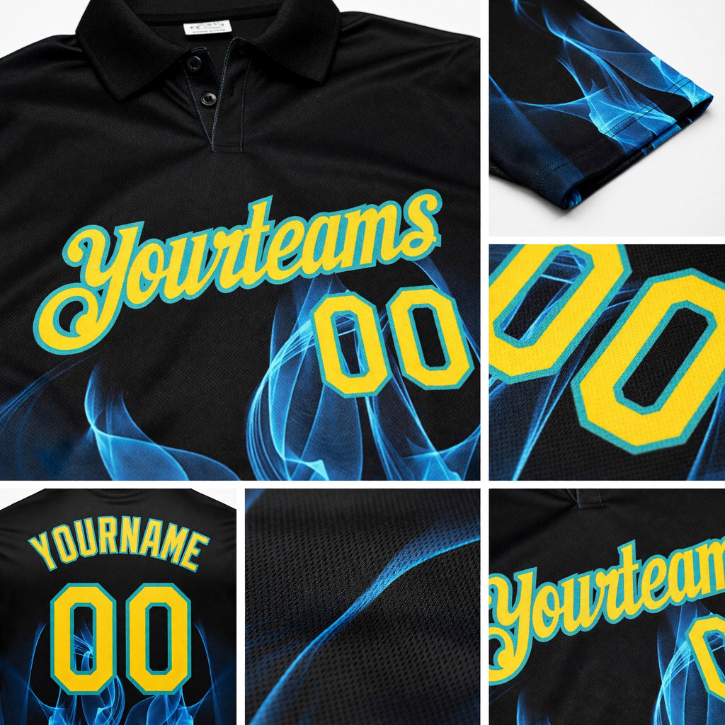 Custom Black Yellow-Teal 3D Pattern Design Flame Performance Golf Polo Shirt detail