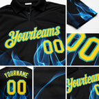 Custom Black Yellow-Teal 3D Pattern Design Flame Performance Golf Polo Shirt detail