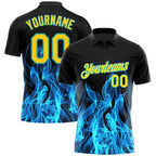Custom Black Yellow-Teal 3D Pattern Design Flame Performance Golf Polo Shirt photo 1