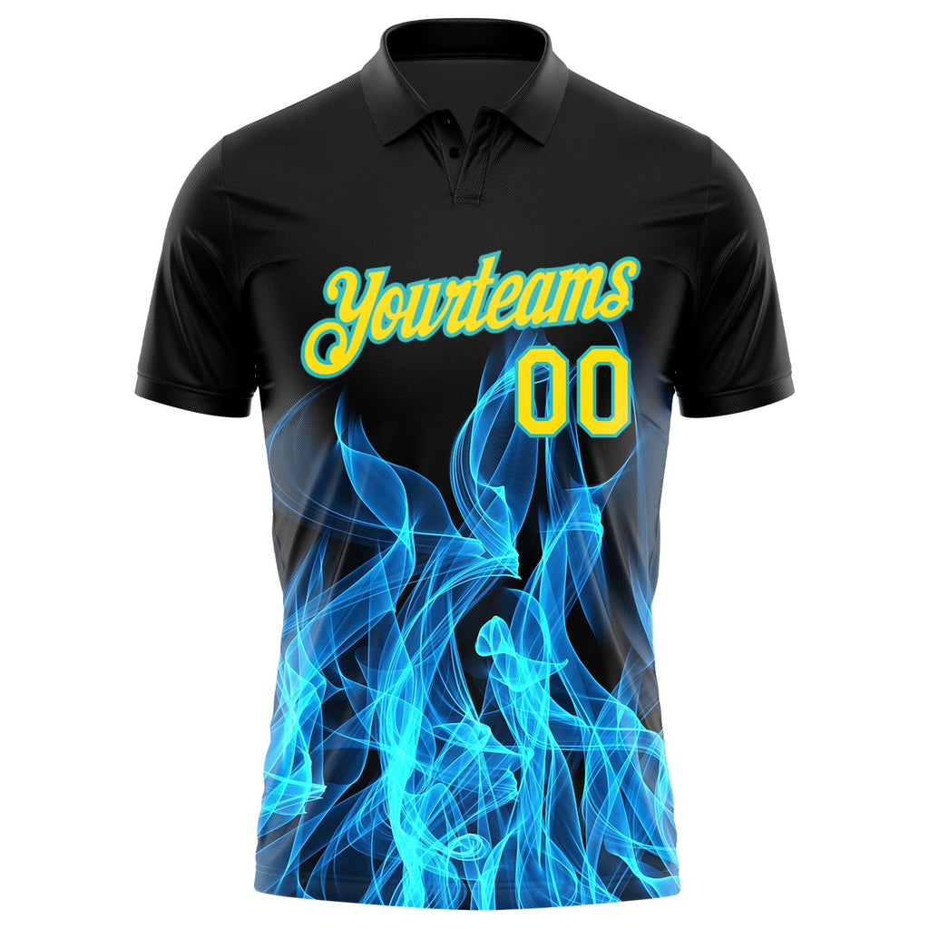Custom Black Yellow-Teal 3D Pattern Design Flame Performance Golf Polo Shirt photo 2