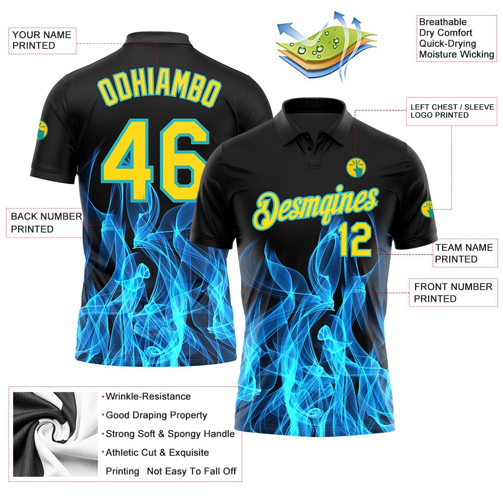 Custom Black Yellow-Teal 3D Pattern Design Flame Performance Golf Polo Shirt photo 3