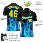 Custom Black Yellow-Teal 3D Pattern Design Flame Performance Golf Polo Shirt photo 3