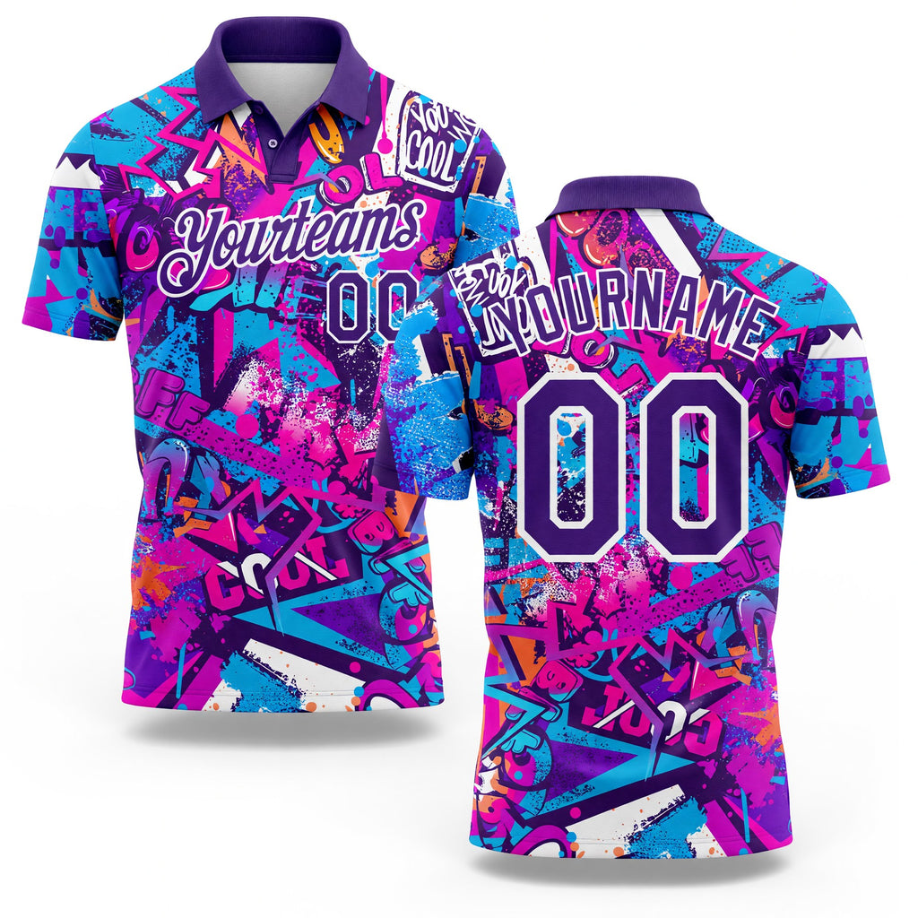Custom Graffiti Pattern Purple-White 3D Performance Golf Polo Shirt