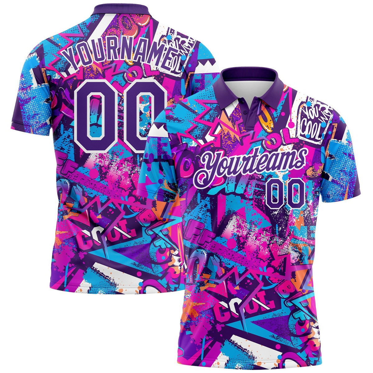 Custom Graffiti Pattern Purple-White 3D Performance Golf Polo Shirt photo 1