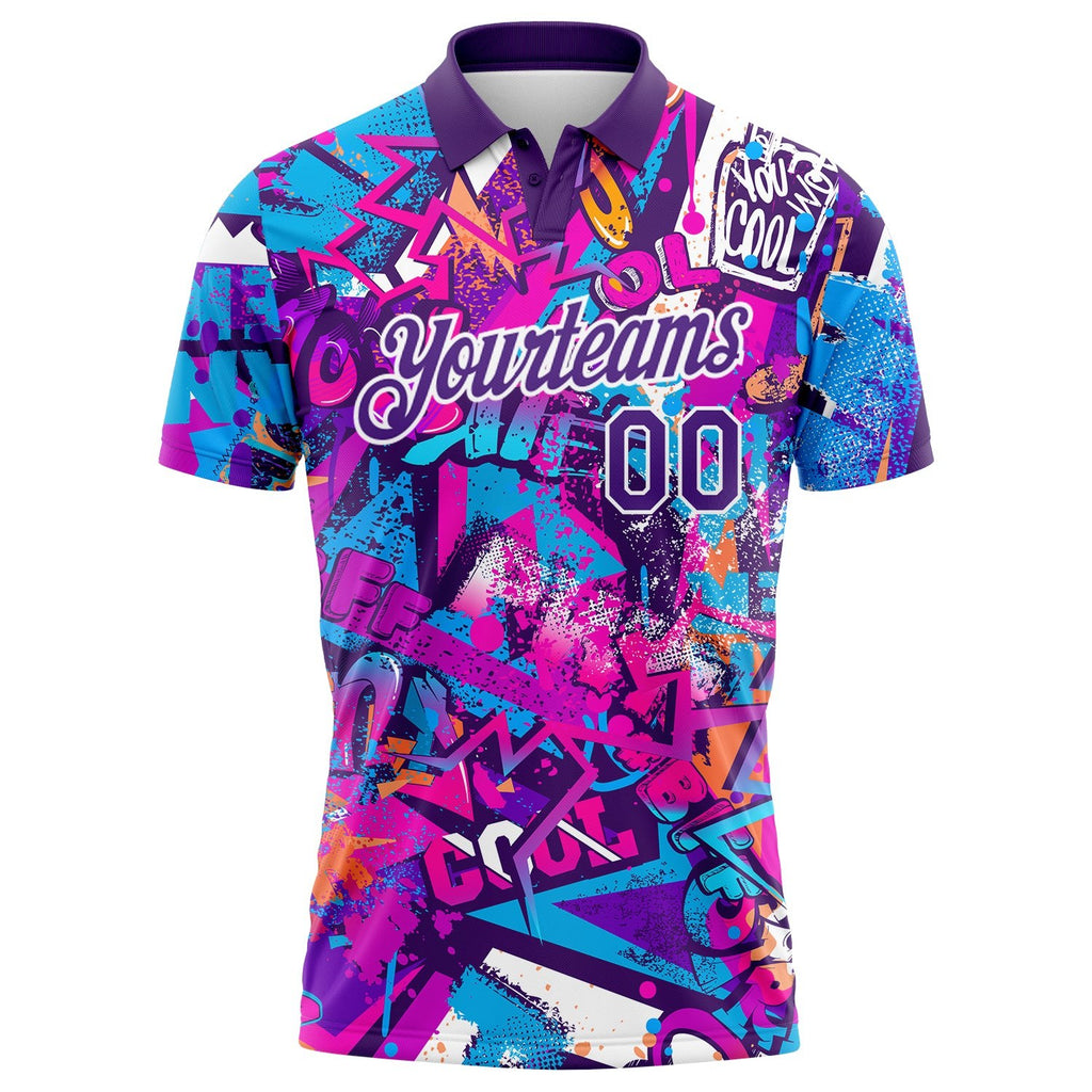 Custom Graffiti Pattern Purple-White 3D Performance Golf Polo Shirt photo 2