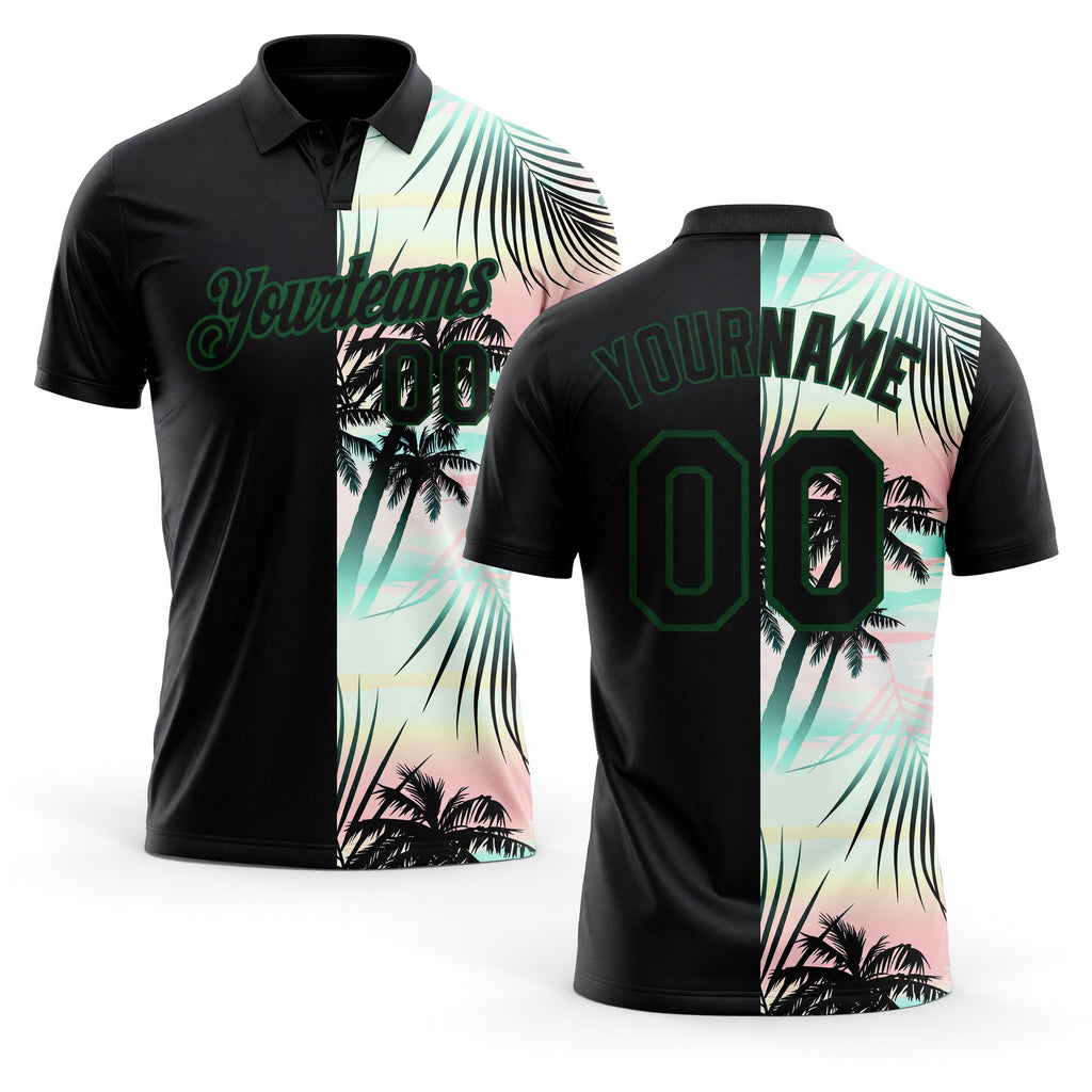 Custom Black Green 3D Pattern Design Tropical Hawaii Palm Leaves Performance Golf Polo Shirt