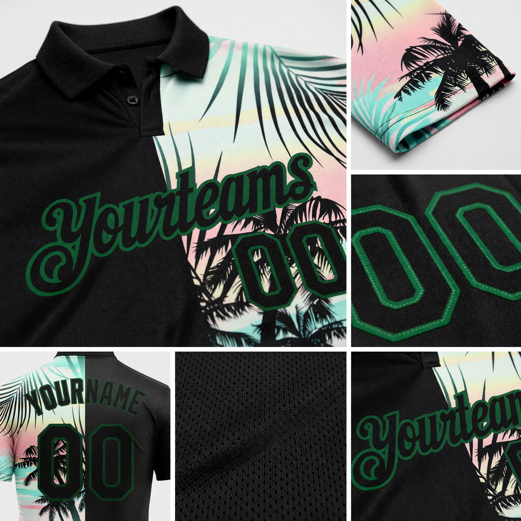 Custom Black Green 3D Pattern Design Tropical Hawaii Palm Leaves Performance Golf Polo Shirt detail