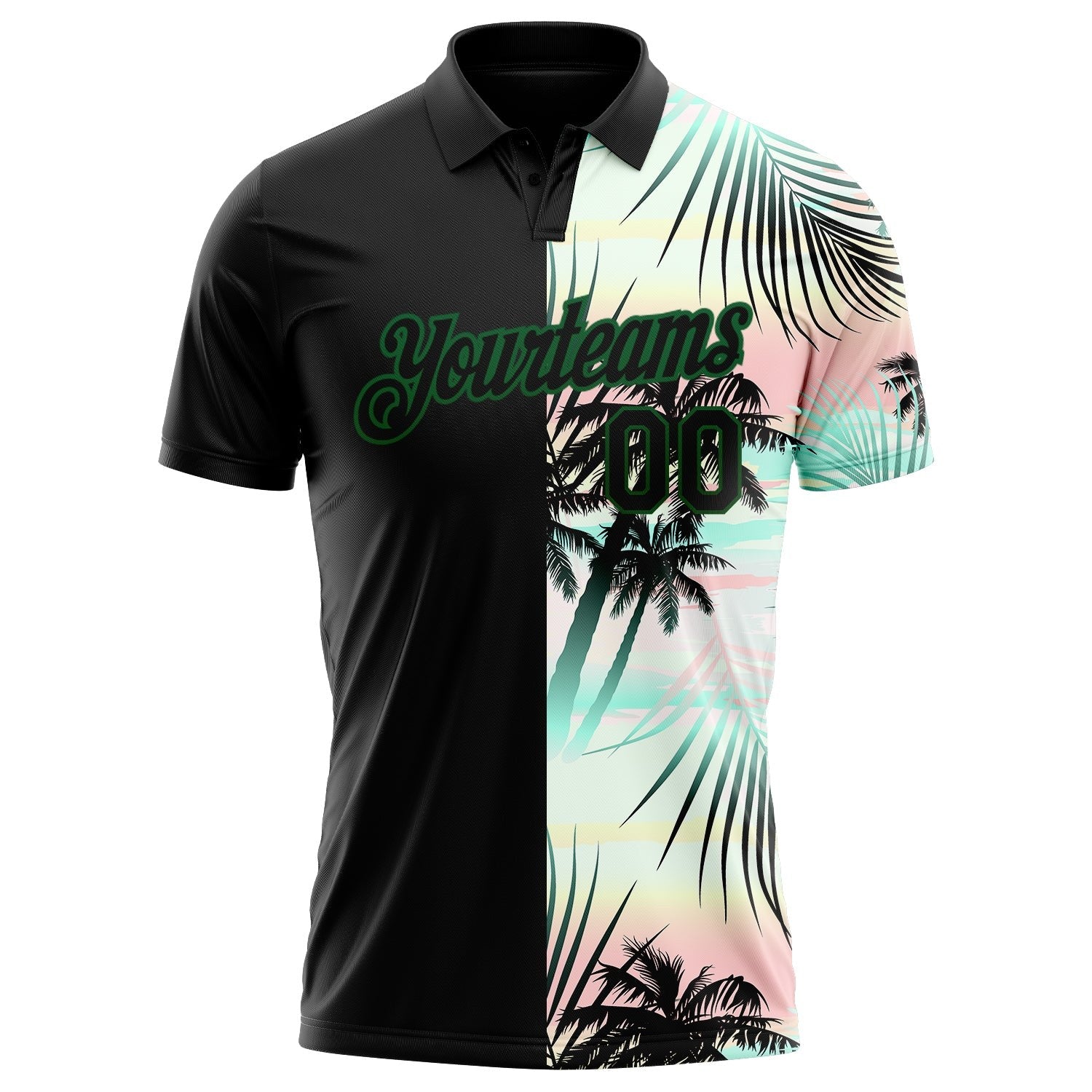 Custom Black Green 3D Pattern Design Tropical Hawaii Palm Leaves Performance Golf Polo Shirt photo 1