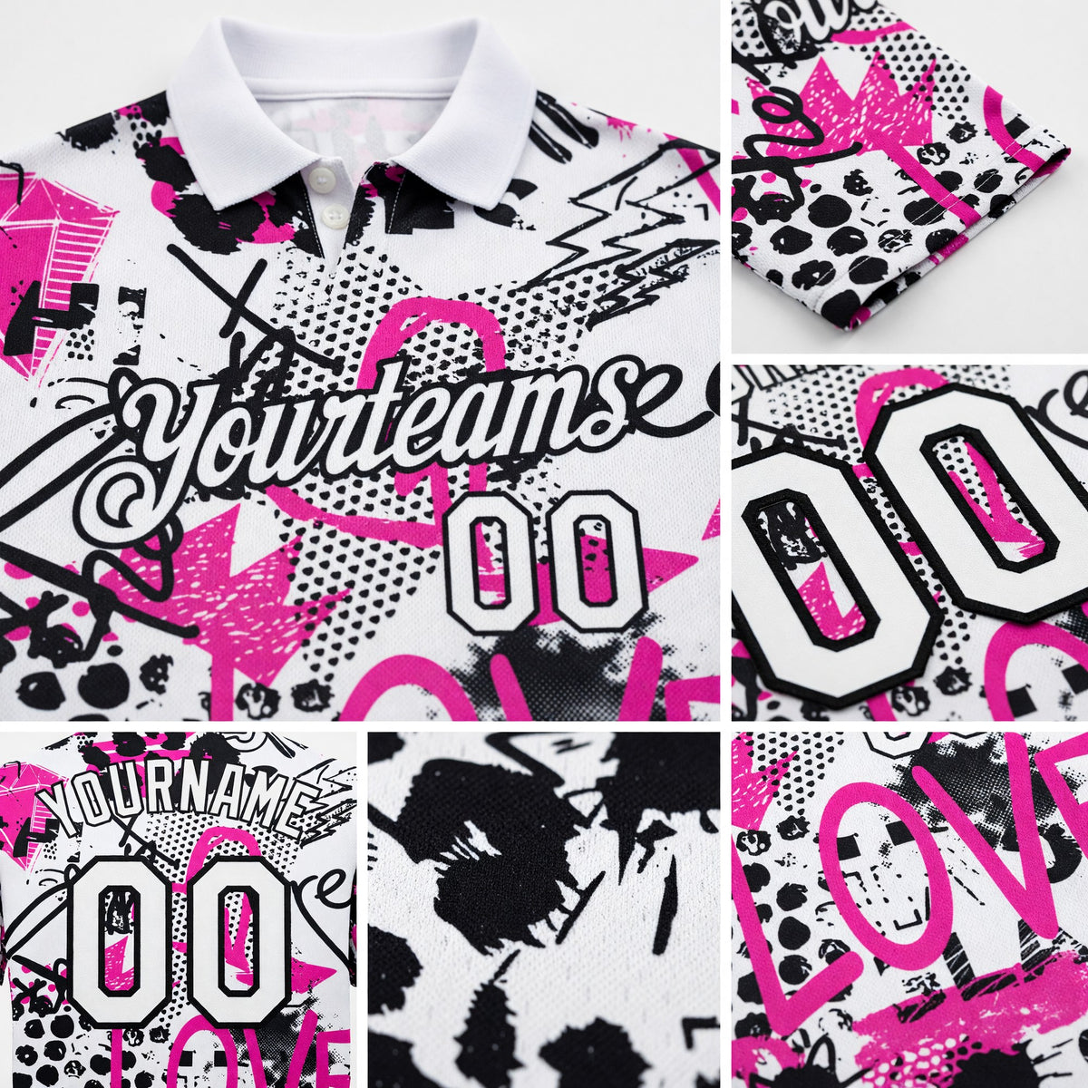 Custom Graffiti Pattern White-Black 3D Performance Golf Polo Shirt detail