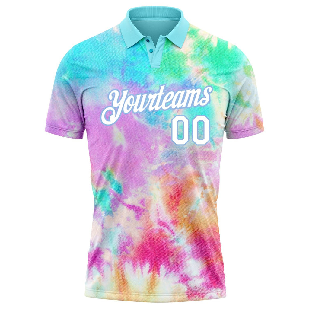 Custom Tie Dye White-Light Blue 3D Watercolor Performance Golf Polo Shirt photo 2
