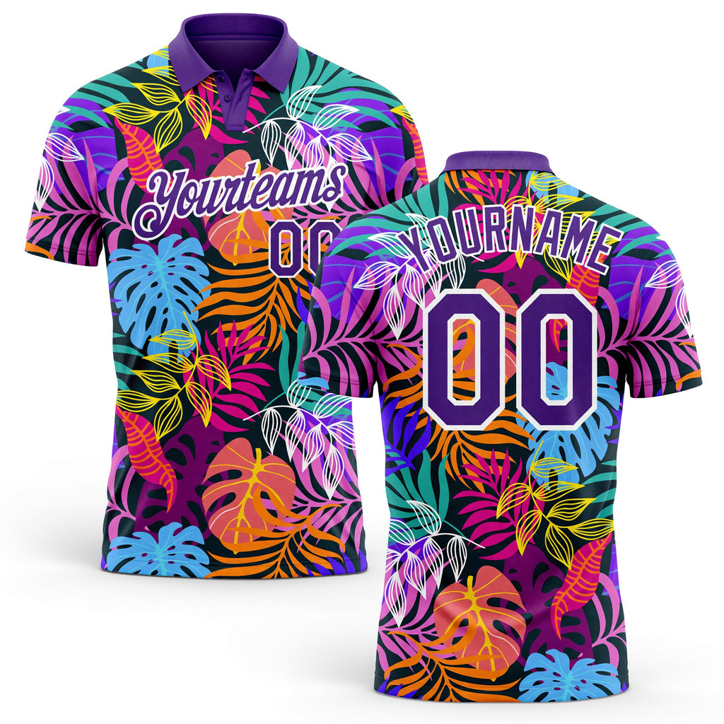 Custom Purple White 3D Pattern Design Hawaii Palm Trees Performance Golf Polo Shirt
