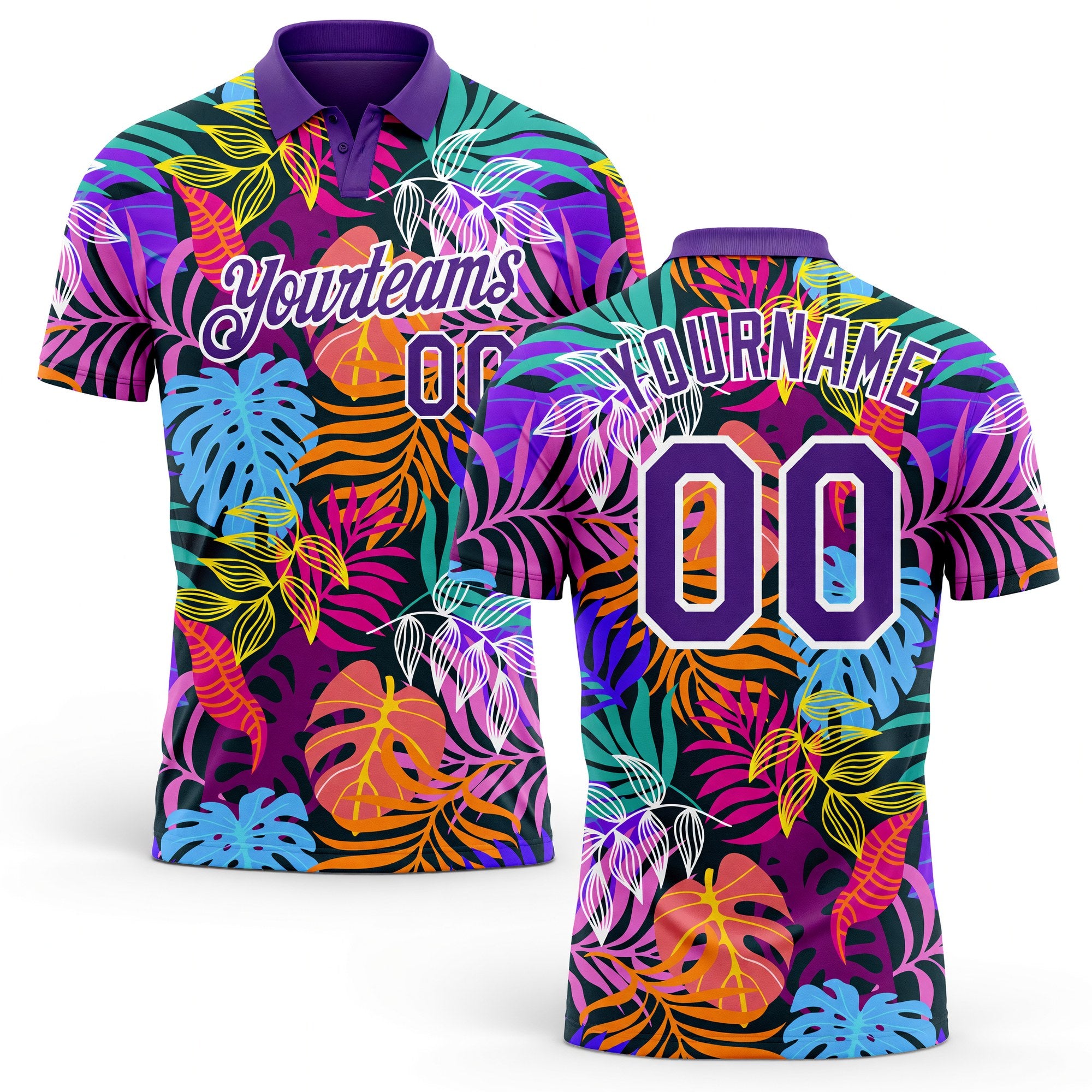 Custom Purple White 3D Pattern Design Hawaii Palm Trees Performance Golf Polo Shirt
