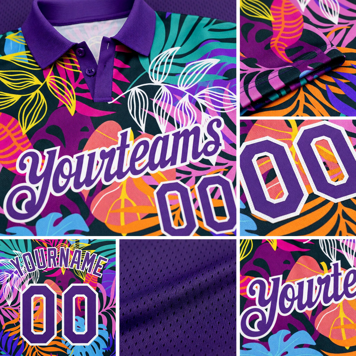 Custom Purple White 3D Pattern Design Hawaii Palm Trees Performance Golf Polo Shirt detail