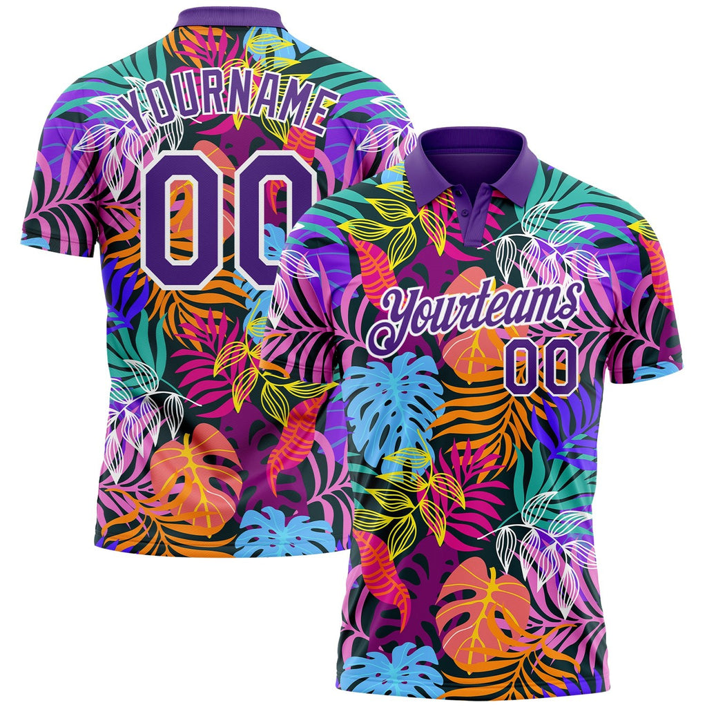 Custom Purple White 3D Pattern Design Hawaii Palm Trees Performance Golf Polo Shirt photo 1