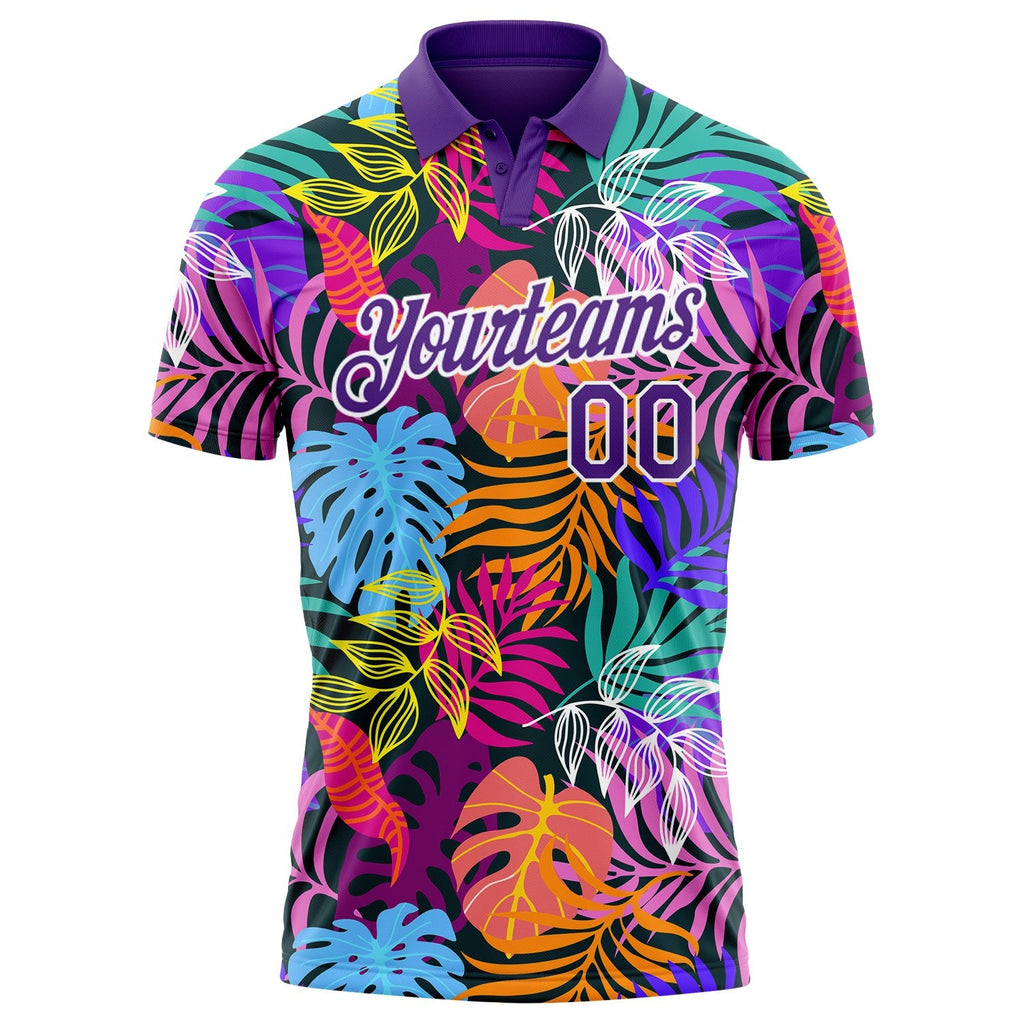 Custom Purple White 3D Pattern Design Hawaii Palm Trees Performance Golf Polo Shirt photo 2