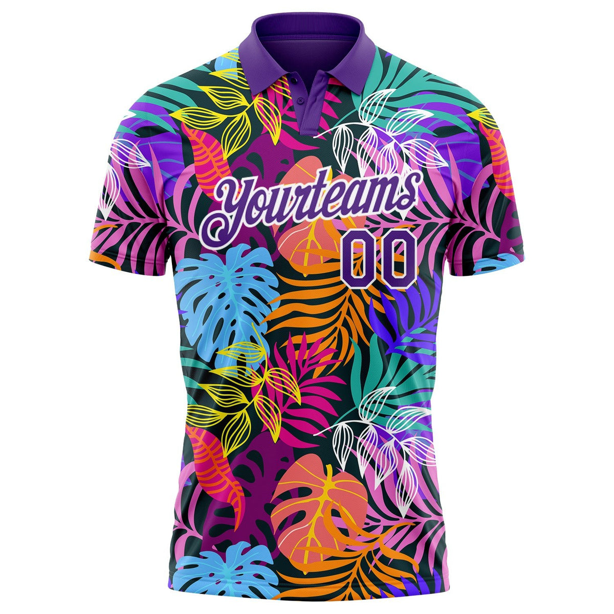 Custom Purple White 3D Pattern Design Hawaii Palm Trees Performance Golf Polo Shirt photo 2