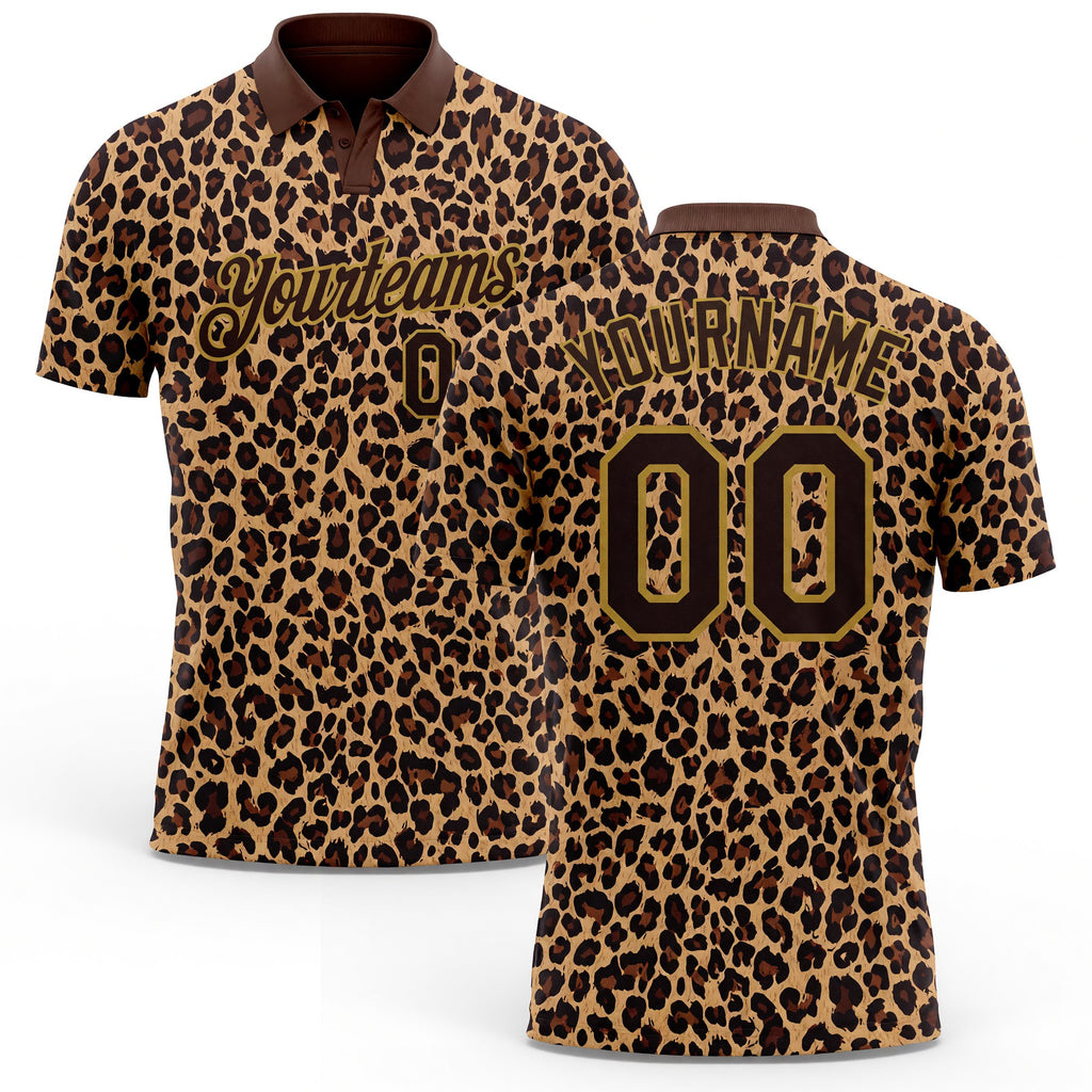 Custom Brown Old Gold 3D Pattern Design Leopard Print Performance Golf Polo Shirt