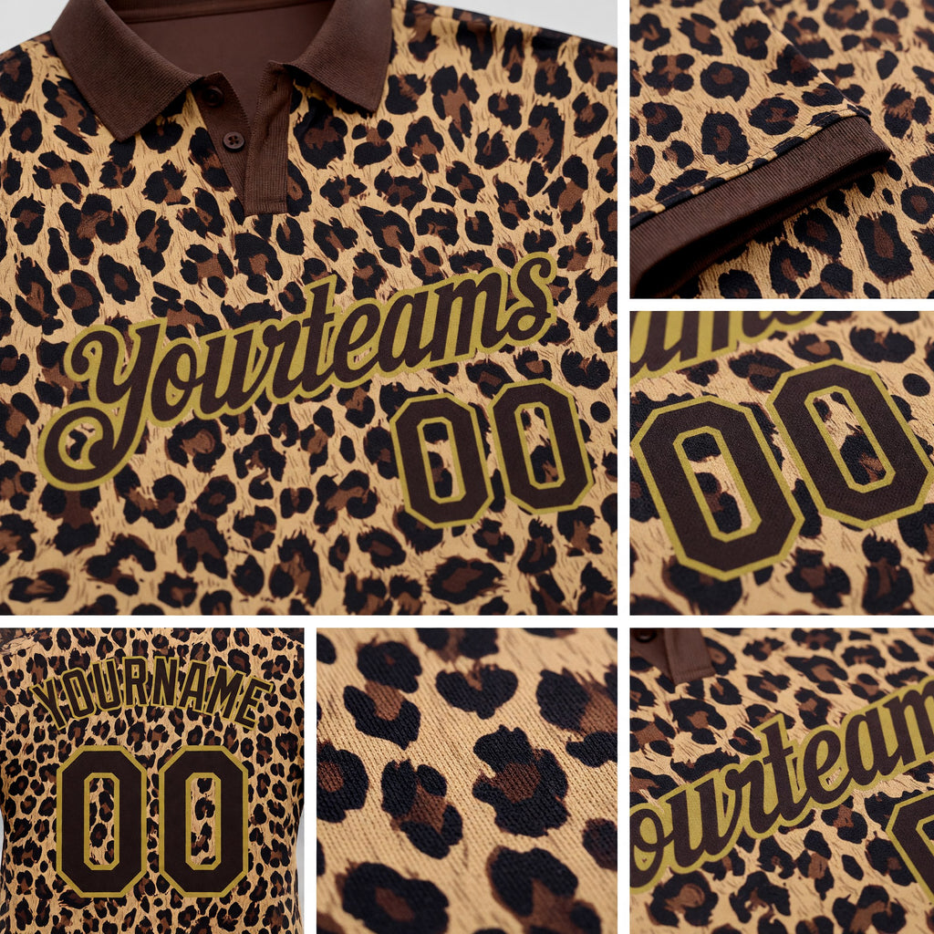 Custom Brown Old Gold 3D Pattern Design Leopard Print Performance Golf Polo Shirt detail