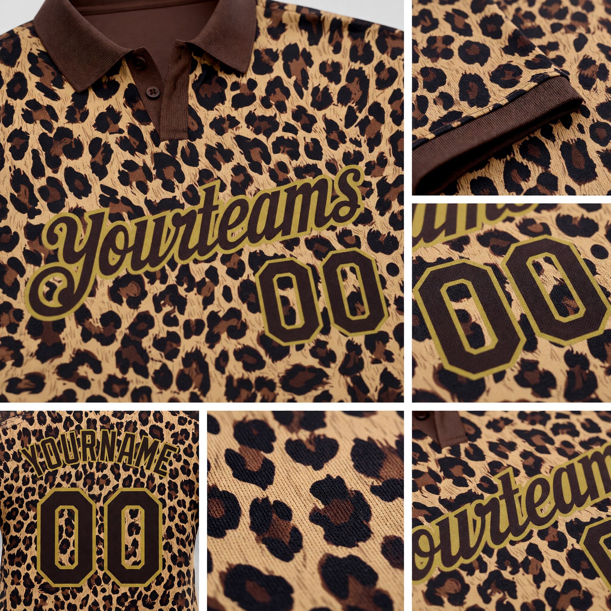 Custom Brown Old Gold 3D Pattern Design Leopard Print Performance Golf Polo Shirt detail