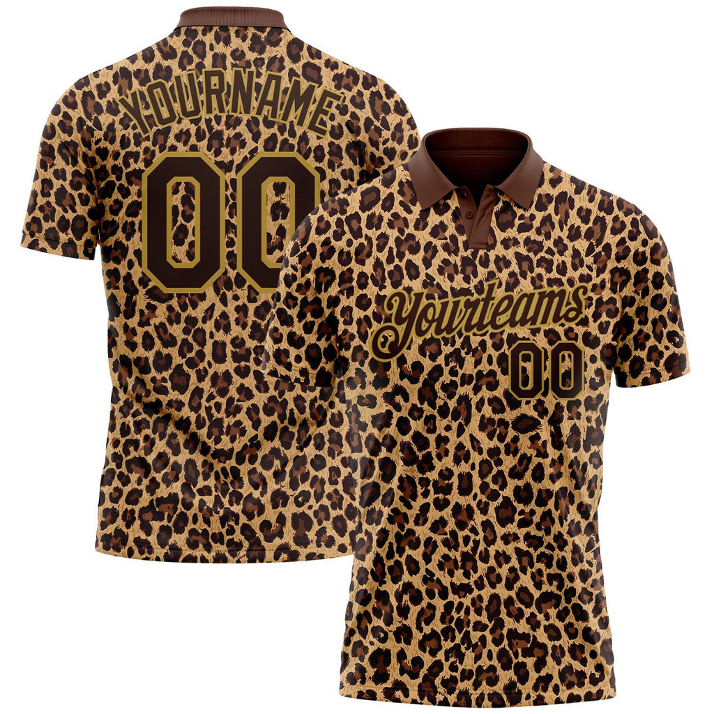 Custom Brown Old Gold 3D Pattern Design Leopard Print Performance Golf Polo Shirt photo 1