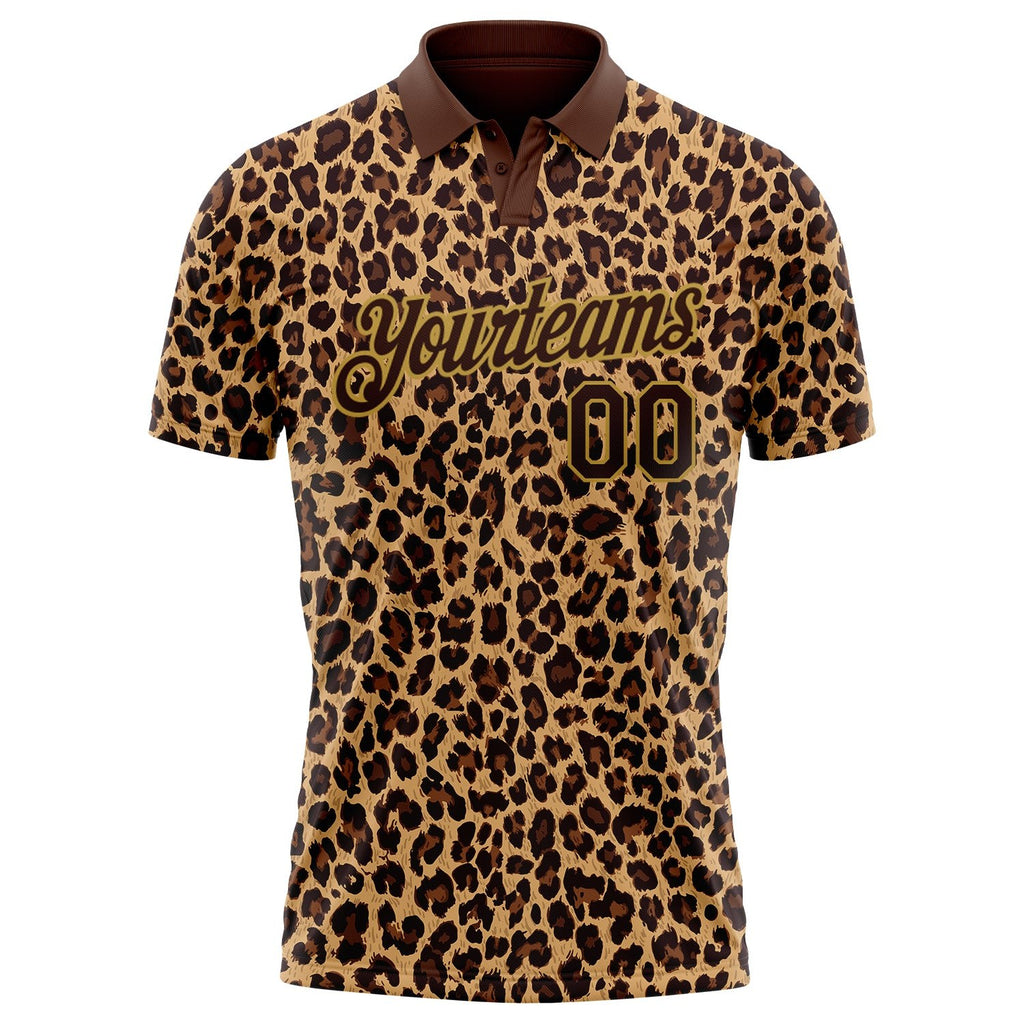 Custom Brown Old Gold 3D Pattern Design Leopard Print Performance Golf Polo Shirt photo 2