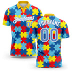 Custom Light Blue White 3D Pattern Design Autism Supporter Awareness Puzzle Pieces Performance Golf Polo Shirt