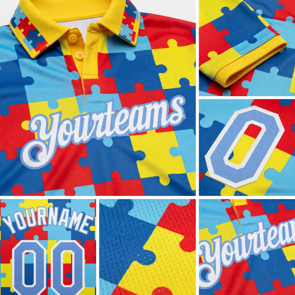 Custom Light Blue White 3D Pattern Design Autism Supporter Awareness Puzzle Pieces Performance Golf Polo Shirt detail