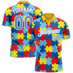 Custom Light Blue White 3D Pattern Design Autism Supporter Awareness Puzzle Pieces Performance Golf Polo Shirt photo 1