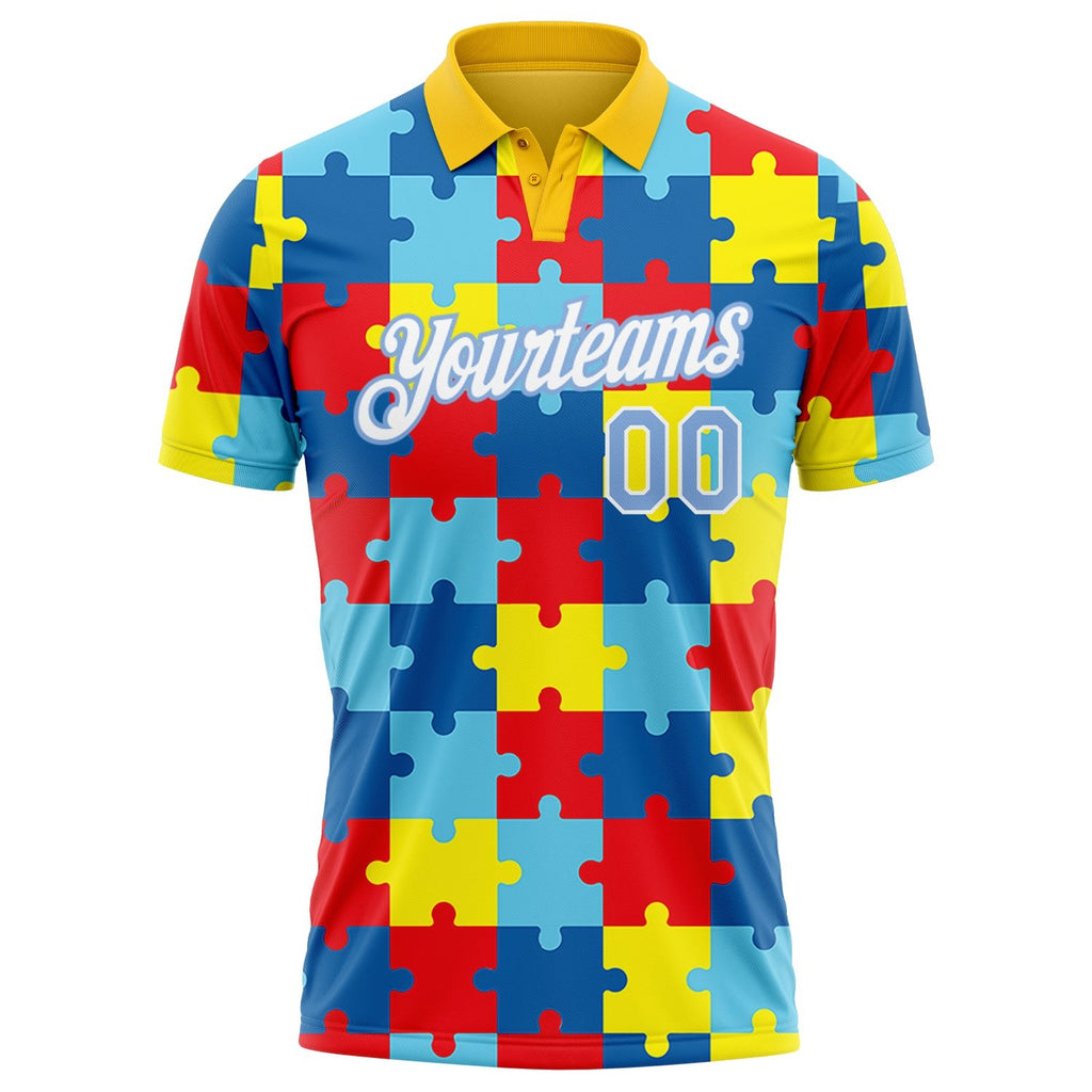 Custom Light Blue White 3D Pattern Design Autism Supporter Awareness Puzzle Pieces Performance Golf Polo Shirt photo 2