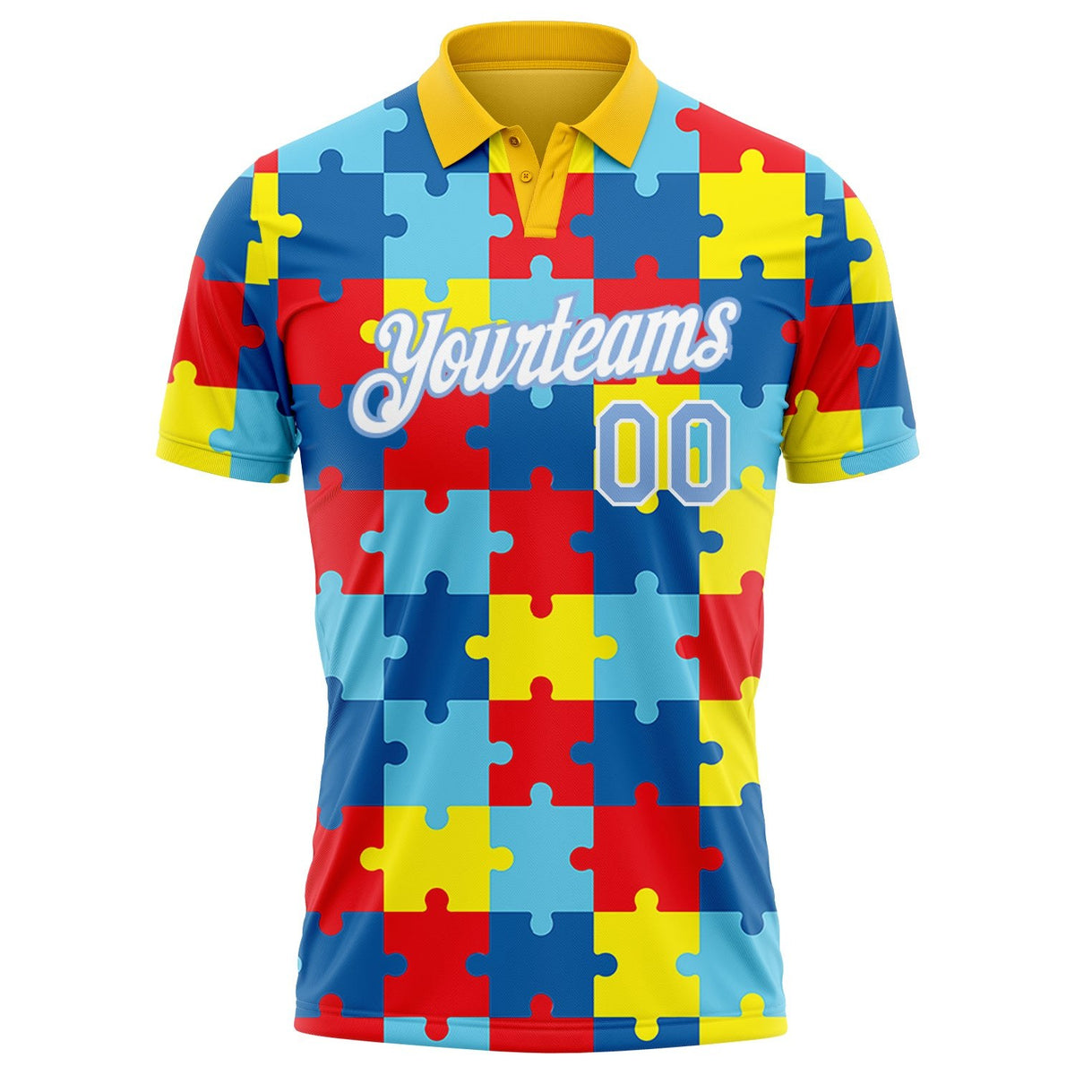 Custom Light Blue White 3D Pattern Design Autism Supporter Awareness Puzzle Pieces Performance Golf Polo Shirt photo 2