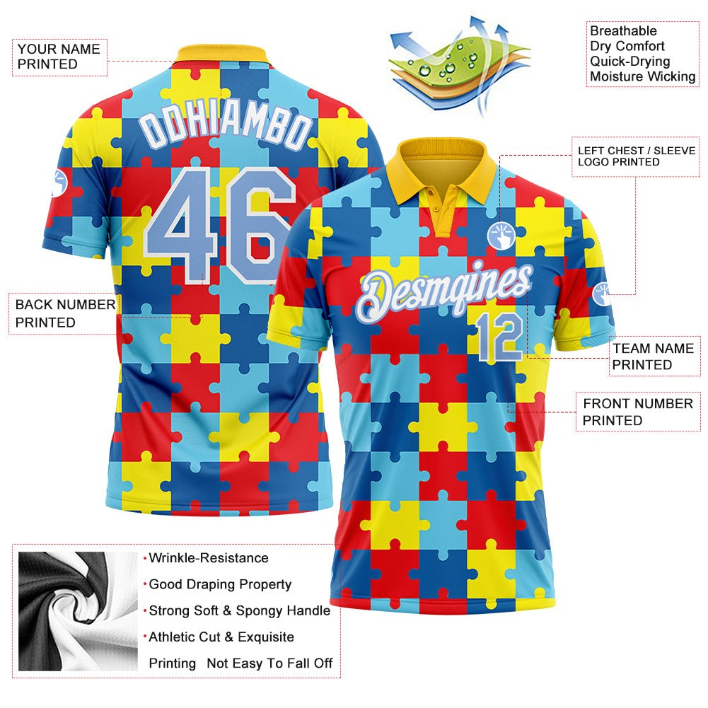 Custom Light Blue White 3D Pattern Design Autism Supporter Awareness Puzzle Pieces Performance Golf Polo Shirt photo 3