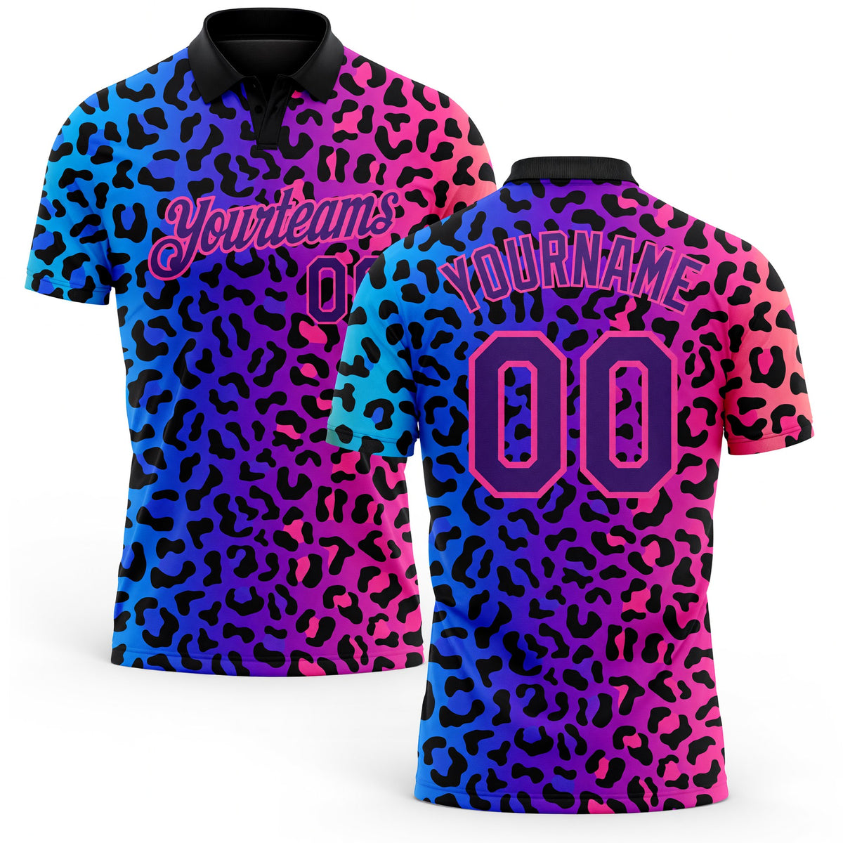 Custom Pink Purple-Black 3D Pattern Design Leopard Print Performance Golf Polo Shirt