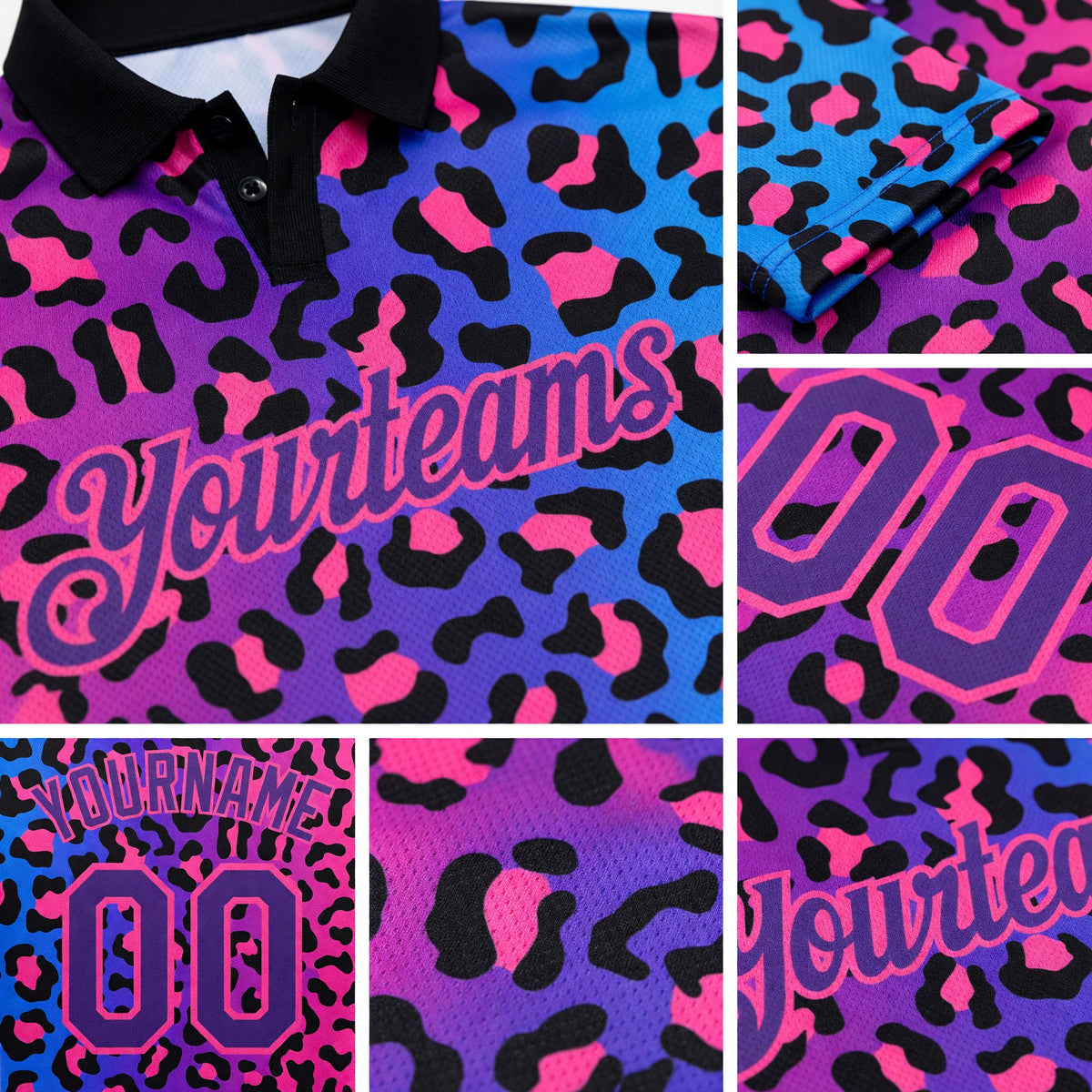 Custom Pink Purple-Black 3D Pattern Design Leopard Print Performance Golf Polo Shirt detail