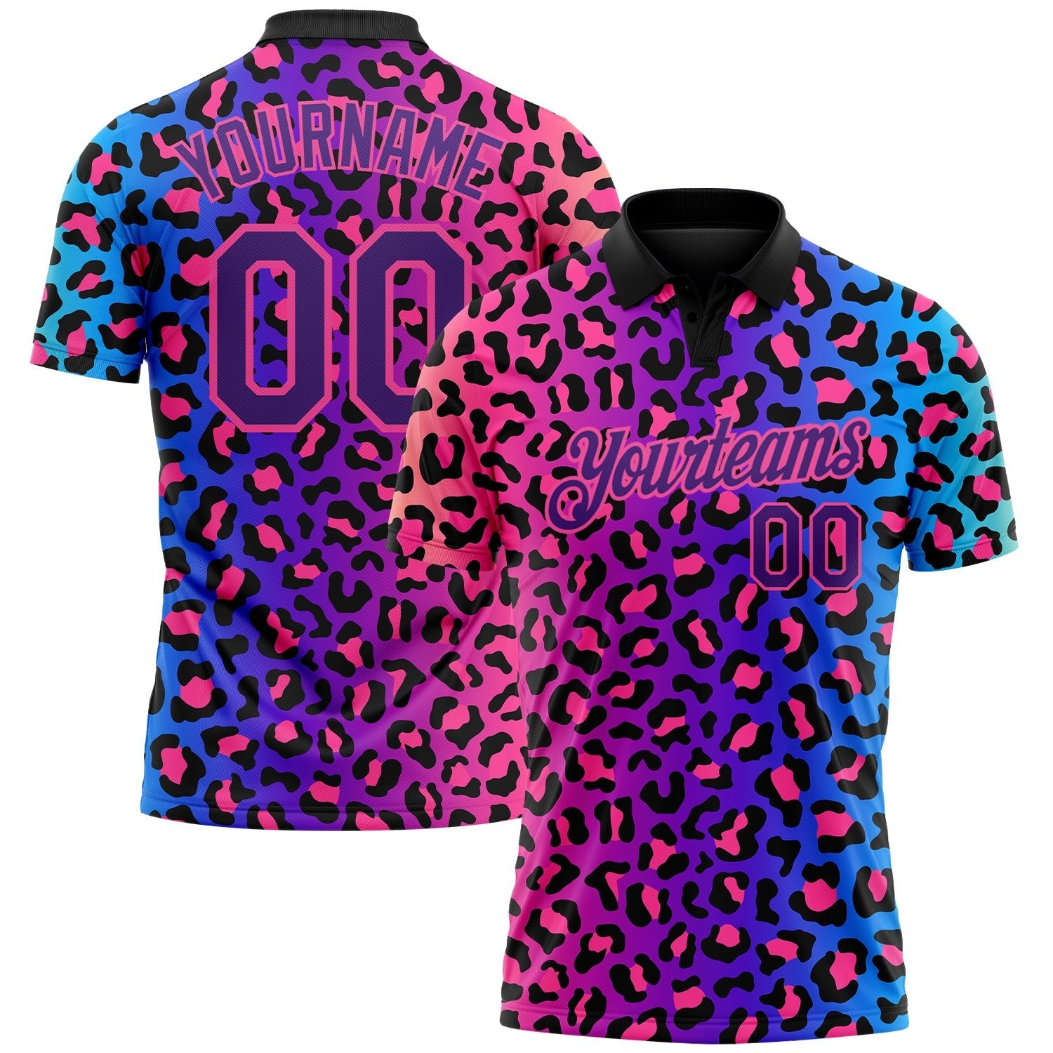 Custom Pink Purple-Black 3D Pattern Design Leopard Print Performance Golf Polo Shirt photo 1