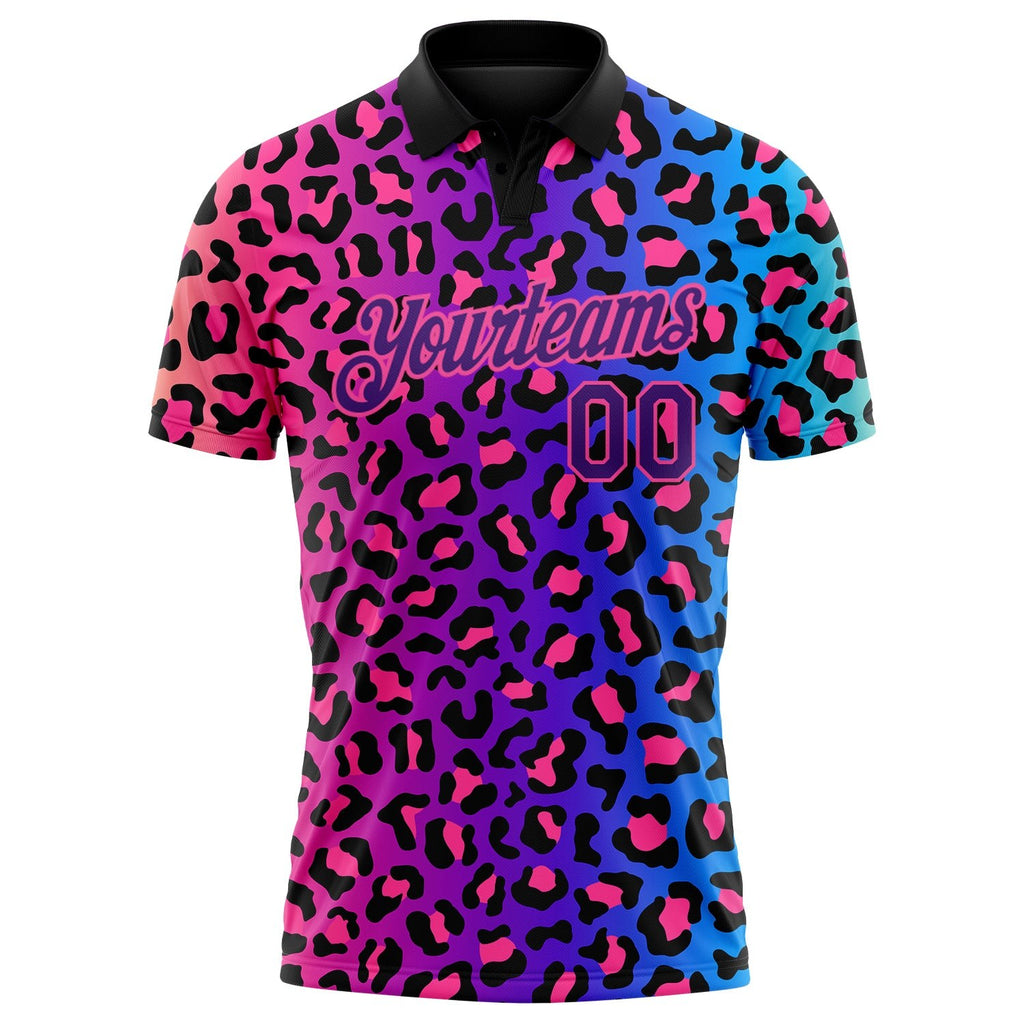 Custom Pink Purple-Black 3D Pattern Design Leopard Print Performance Golf Polo Shirt photo 2