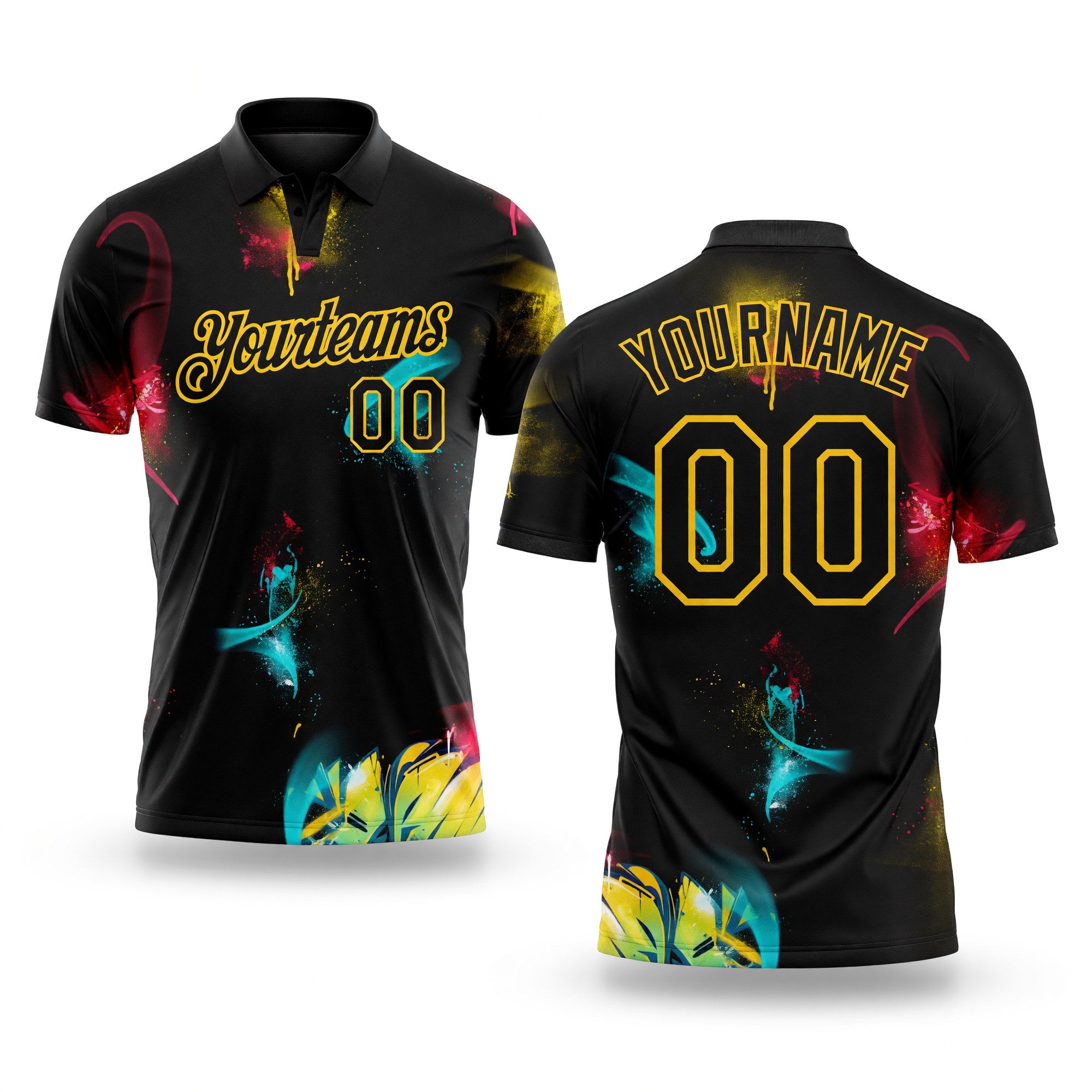 Custom Graffiti Pattern Black-Yellow 3D Performance Golf Polo Shirt